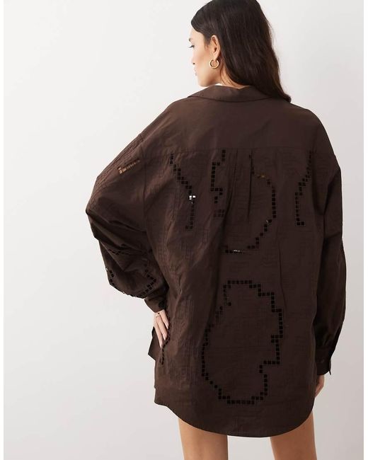 ARRANGE Brown Oversized Shirt With Cutwork Embroidery