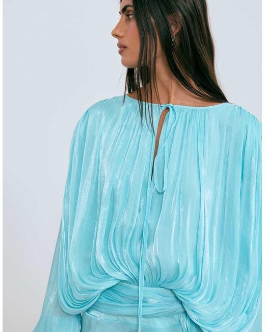 Lioness Blue Exclusive Elements High Sheen Chiffon Drape Detail Balloon Sleeve Tie Waist Mini Dress