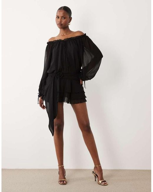 Oh Polly Black Chiffon Off Shoulder Balloon Sleeve Layered Skirt Tie Detail Mini Dress