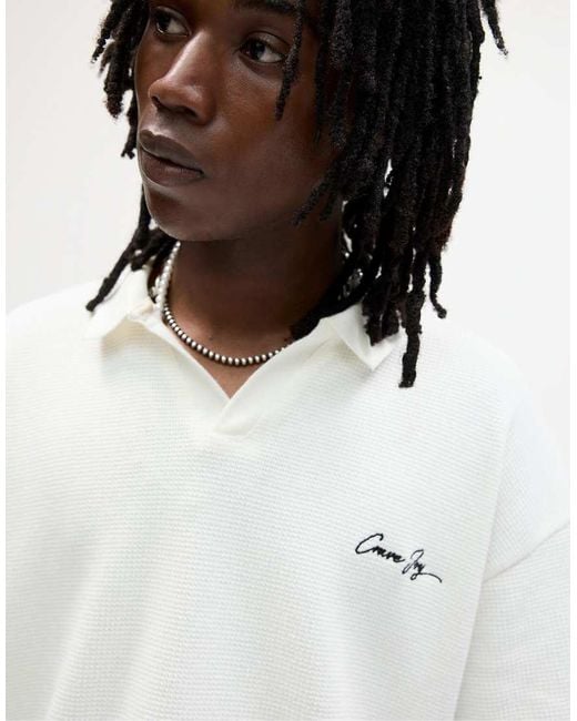 Pull&Bear Blue Knit Polo Shirt With Embroidered Slogan for men