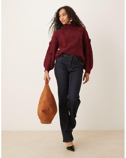Lovedrobe Red Floral Motif Cable Knit High Neck Jumper