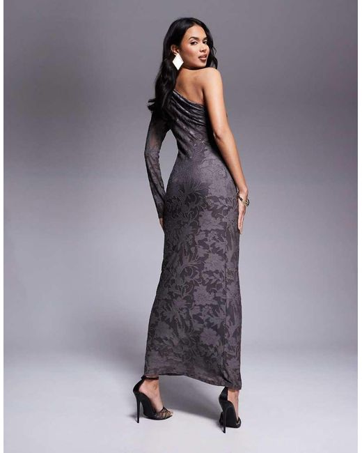 ASOS Gray Long Sleeve Ruched Devore Maxi Dress