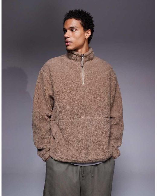 ASOS Oversized Borg Sweatshirt Met Opstaande Boord En Rits in het Gray voor heren