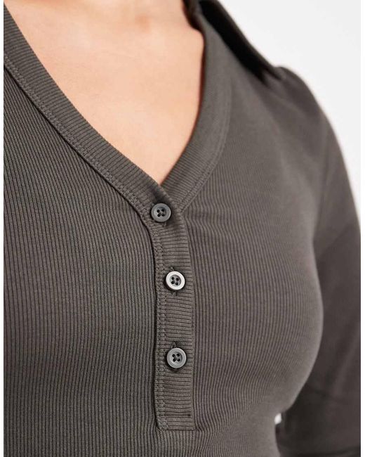 ASOS Gray Shrunken Rib Henley Long Sleeve Top With Collar