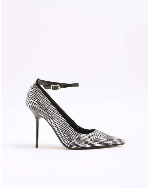 River Island White Crystal Heeled Court Shoe