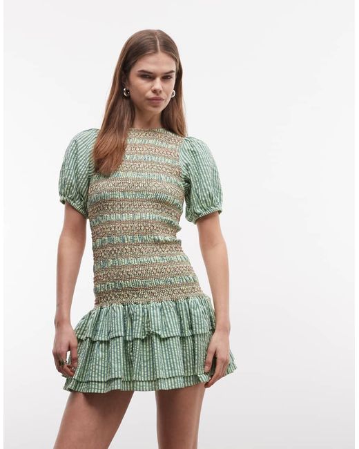 Reclaimed Vintage Green Mini Shirred Dress With Puff Sleeve