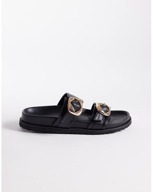 Public Desire Black Emery Double Buckle Flat Sandals