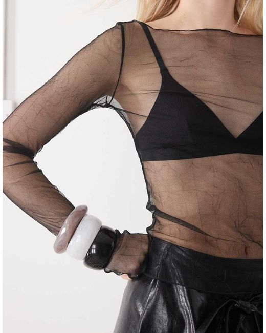 Weekday Black Sheer Mesh Slash Neck Long Sleeve Top