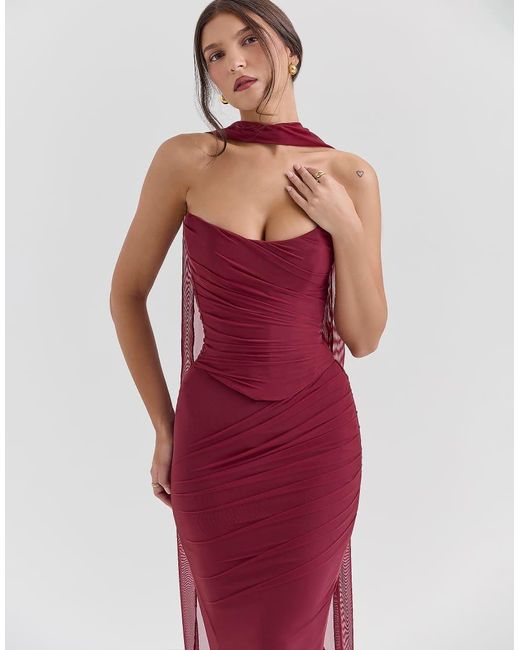 House Of Cb Red Hallie Strapless Corset With Neck Scarf