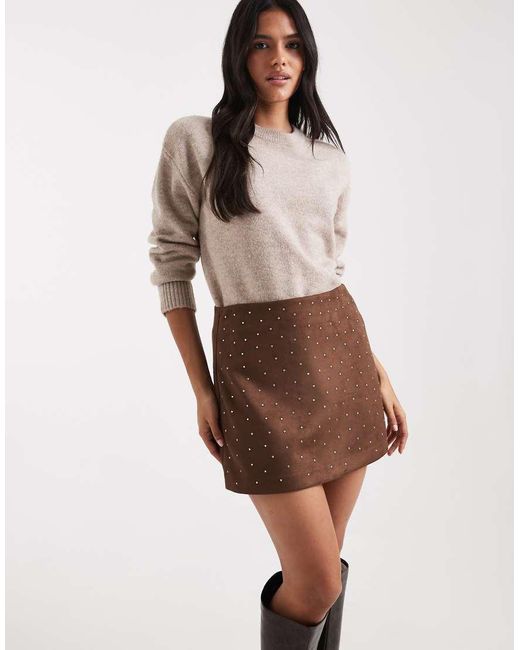 ONLY Brown Stud Details Faux Suede Mini Skirt