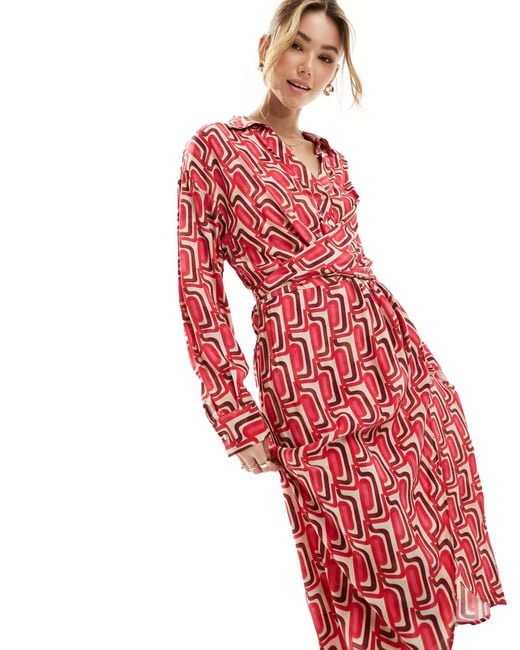 Mango Red Wrap Chain Graphic Midi Dress