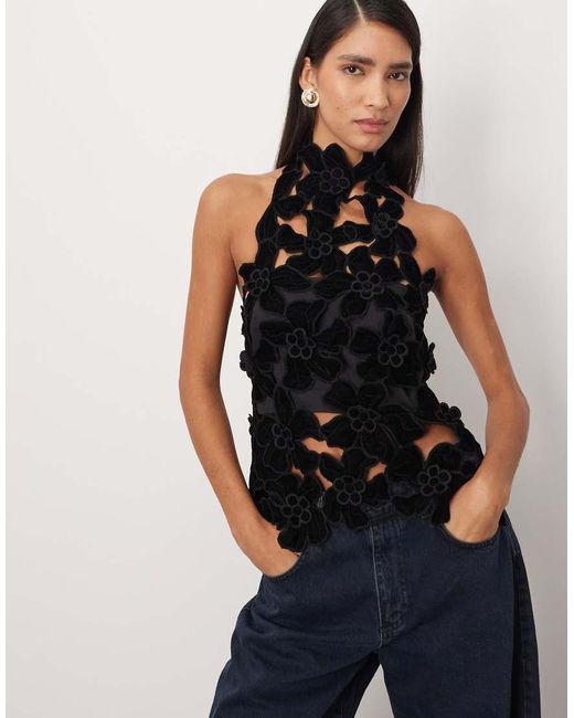 ARRANGE Black Embroidered Velvet Quilted Cut Work Halterneck Top