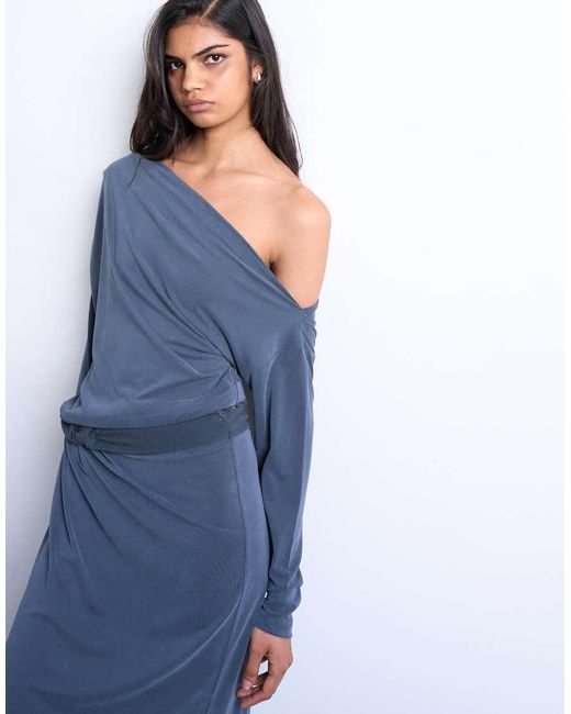 TOPSHOP Blue Cupro Long Sleeve Off The Shoulder Twist Detail Top