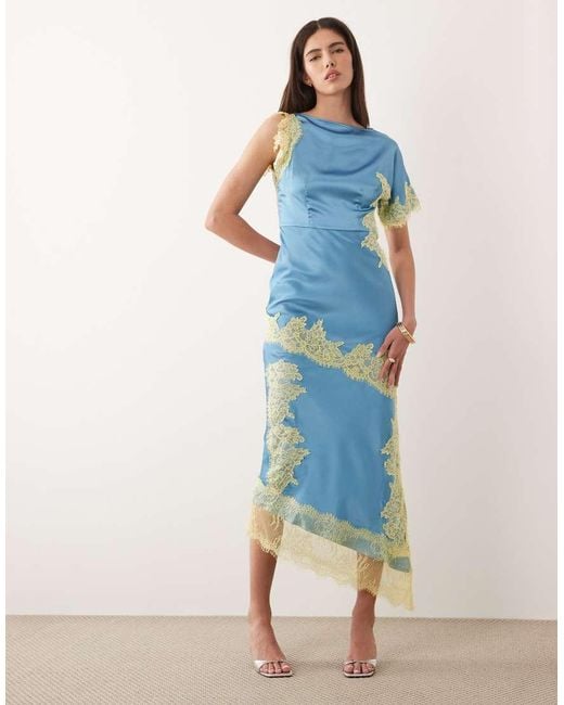 Never Fully Dressed Blue Fearne Satin Lace Detail Midi Dress