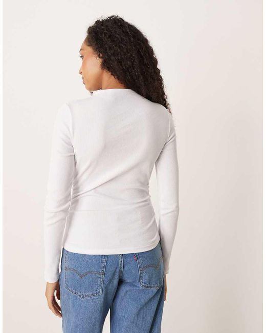 ASOS White Long Sleeve Ribbed Top With Ruched Detail