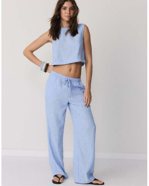 Stradivarius Blue Striped Rustic Round Neck Top