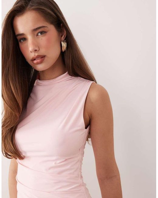 Kaiia Pink Exclusive Double Layered Slinky High Neck Tie Side Detail Maxi Dress