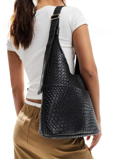 Glamorous Black Large Woven Shoulder Bag With Pocket Detail