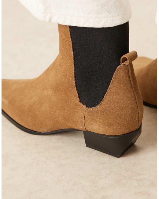 Mango Natural Suede Square Toe Low Heeled Western Ankle Boot