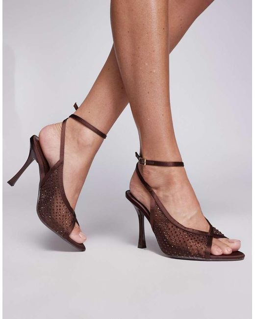 River Island Brown Mesh Peep Toe Heeled Sandal With Diamante