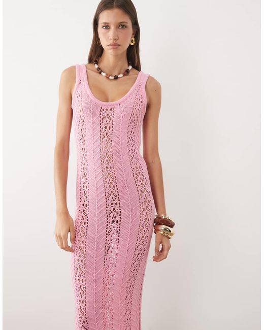 ASOS Pink Crochet Knit Maxi Dress With Fringe