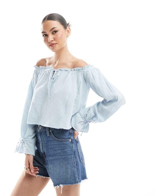 Bershka Blue Crinkle Bardot Top