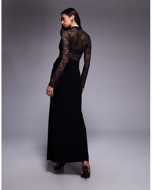 ASOS High Neck Long Sleeve Sheer Lace With Draped Waist Faux Ord Maxi Dress  in Blue | Lyst