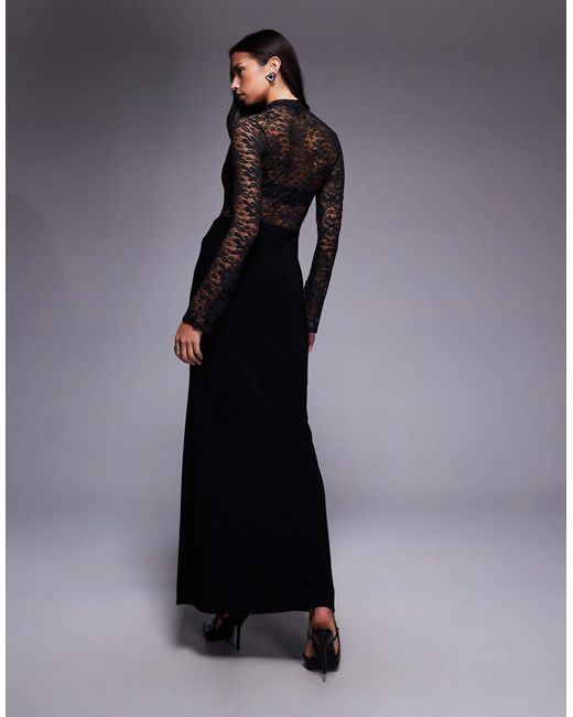 ASOS Blue High Neck Long Sleeve Sheer Lace With Draped Waist Faux Ord Maxi Dress