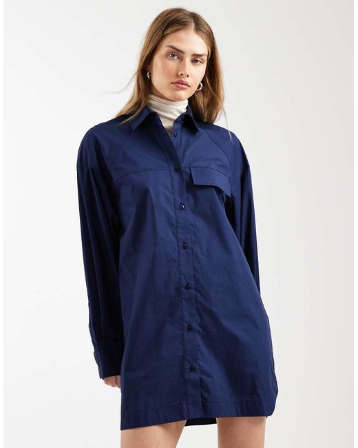 ASOS Blue Long Sleeve Mini Shirt Dress With Front Pockets