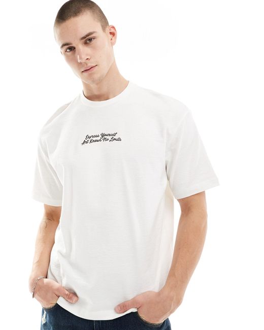 Bershka White Boxy Textured Front Print T-shirt for men
