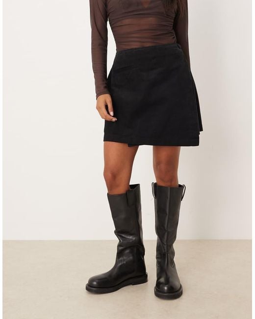 Nobody's Child Petite Black Sofia Wrap Front Mini Cord Skirt