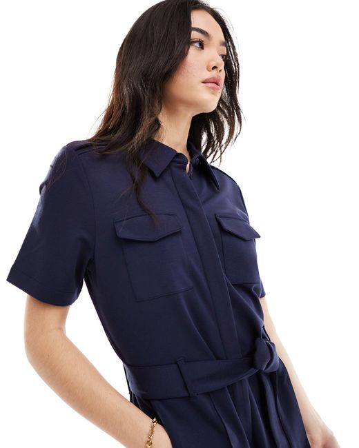 & Other Stories Blue Short Sleeve Jersey Jumpsuit With Patch Pockets And Tie Waist
