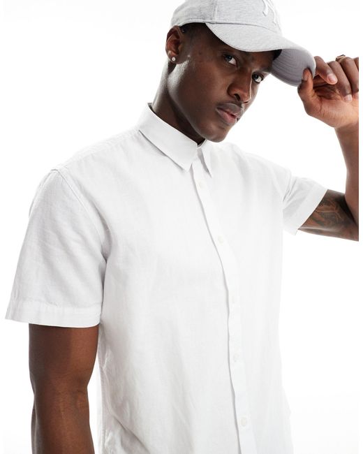 SELECTED White Short Sleeve Linen Mix Shirt for men