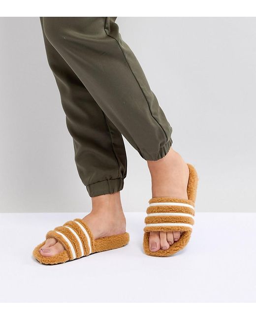 Adidas Originals Black Adilette Furry Slider Sandals In Tan