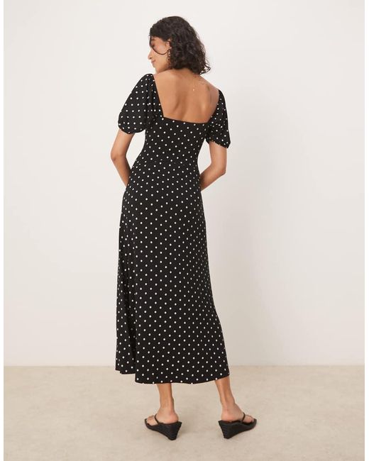 ASOS Natural Scalloped Collar Puff Sleeve Seam Detail Midi Tea Dress
