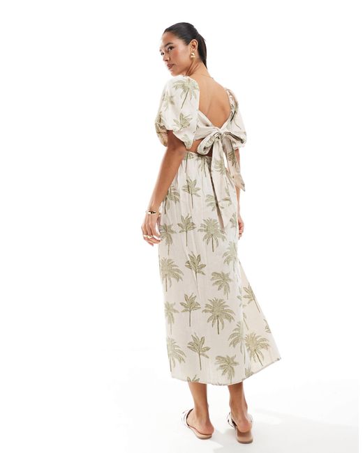 New Look Natural Palm Print Puff Sleeve Midi Dress