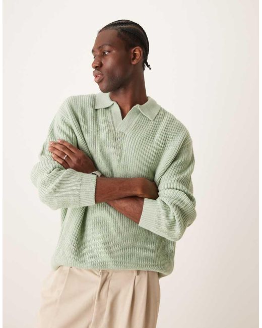 ASOS Green Oversized Knitted Fisherman Rib Notch Neck Jumper for men