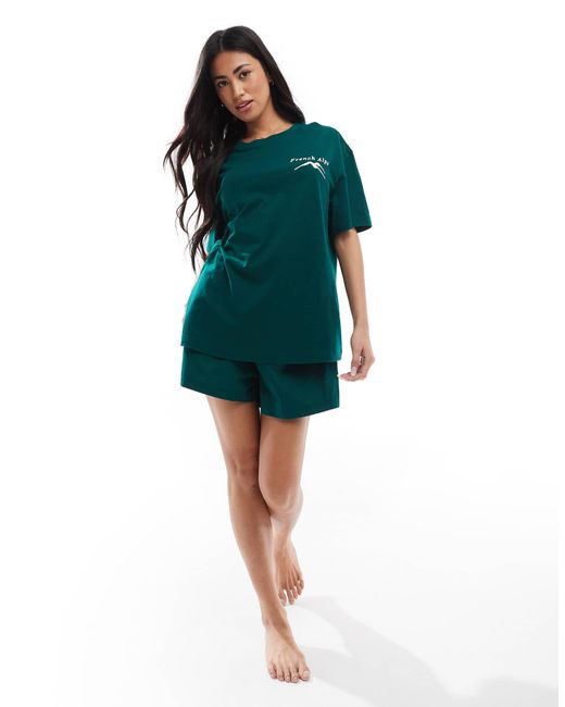 ASOS Green Oversized Graphic Tee & Woven Boxer Shorts Pyjama Set