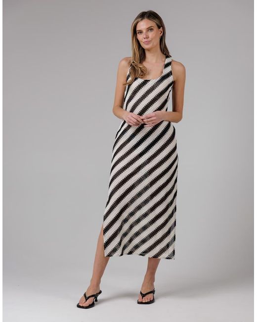 French Connection Gray Cotton Blend Stripe Crochet Scoop Neck Tie Back Midi Dress