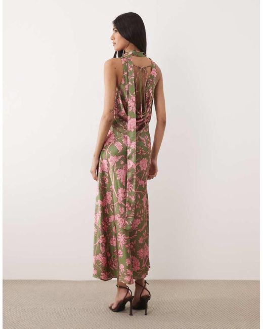 Hope & Ivy Natural Satin Cowl Neck Scarf Maxi Dress