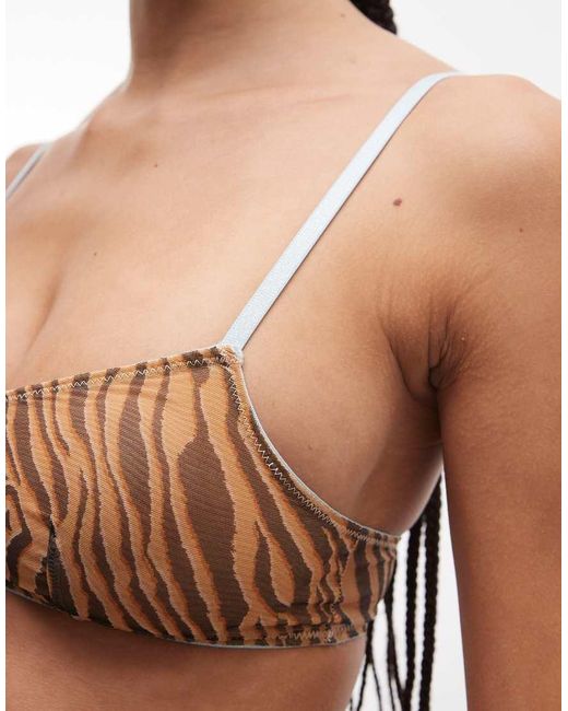 ASOS Brown Kenny Tiger Print Sheer Mesh Crop Bra With Contrast Trim