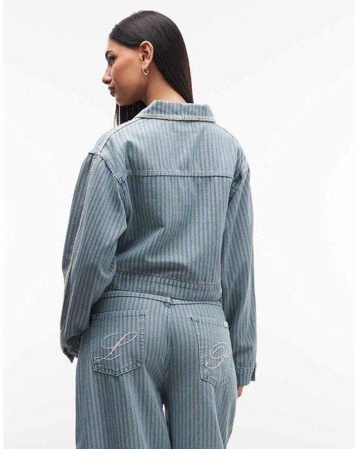 Liquor N Poker Blue Boxy Pinstripe Denim Jacket With Embroidery Detail