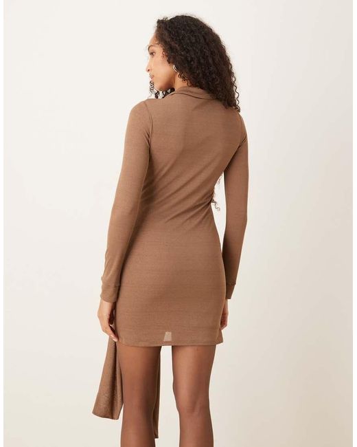 ASOS Natural Textured Mesh Mini Shirt Dress With Wrap Tie Waist