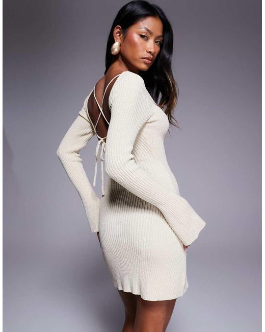Princess Polly Gray Brownhall Ribbed Knit Flare Sleeve Open Tie Back Mini Dress
