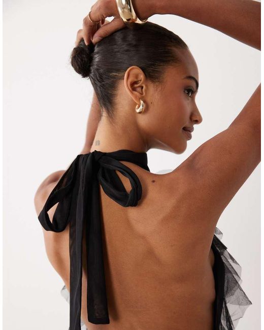 LACE & BEADS Black Tulle Halter Ruffle Detail Tiered Mini Dress