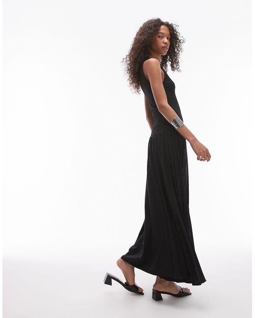 TOPSHOP Black V Neck Jersey And Pleated Midi Dress