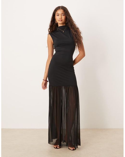 ASOS Black High Neck Detail Maxi Dress With Mesh Skirt