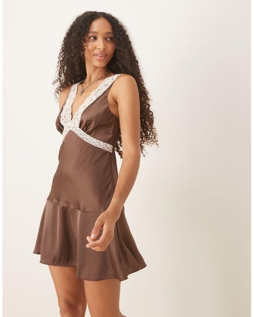 ASOS Brown Satin Flippy Mini Dress With Lace Detail