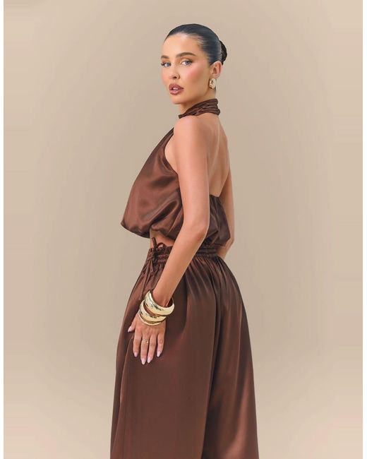 Wanderdoll Brown Wander Doll X Emma Milton Summa Satin High-neck Halterneck Bubble-hem Top