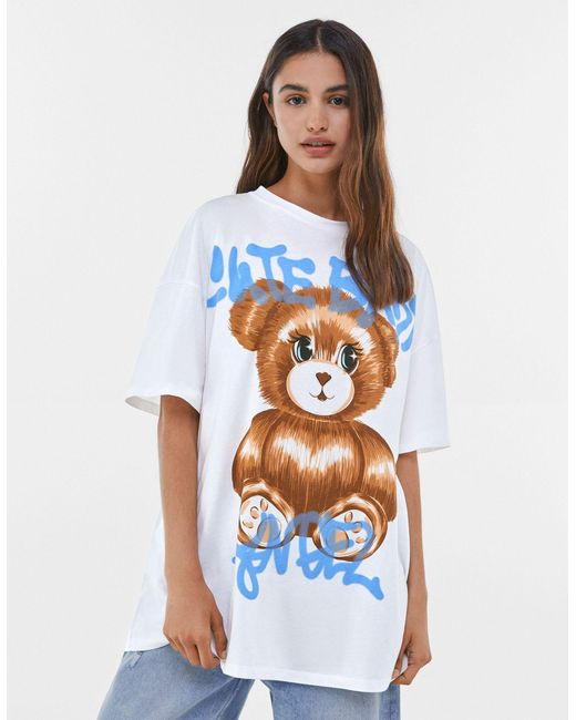 Bershka Blue Oversized Teddy Graphic T-shirt